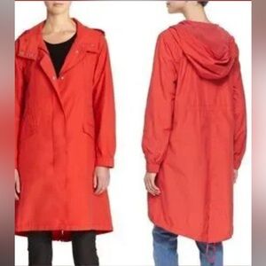 Eileen Fisher Red Hooded Nylon & Cotton Rain Parka, size XL